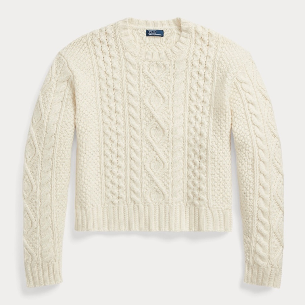 Ralph Lauren Aran-Knit Wool-Blend Crewneck Sweater in Cream